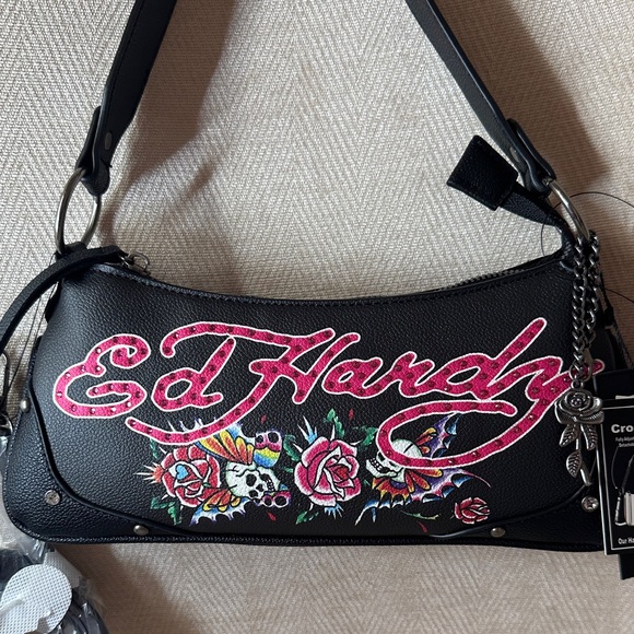 Ed Hardy Y2K Black Crossbody Bag Pink Logo Embroidered Skull Floral - Picture 2 of 9